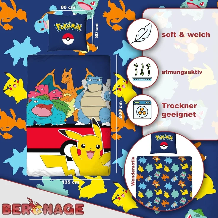 BERONAGE Kinderbettwäsche Pokemon Bettwäsche Pikachu Glurak Bisaflor Turtok Linon / Renforcé, 100% Baumwolle, 135x200 + 80x80 cm – Bild 2