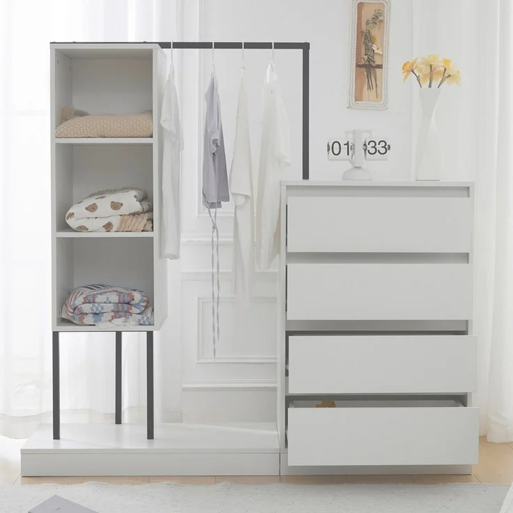 Flieks Garderoben-Set Kleiderschrank mit 3 offener Fächern, Kommode mit 4 Schubladen, (1-St, B140/W40/H135 cm), Schubladenschrank Kleiderstange-Set mit Stauraum Flurmöbel Weiß – Bild 1