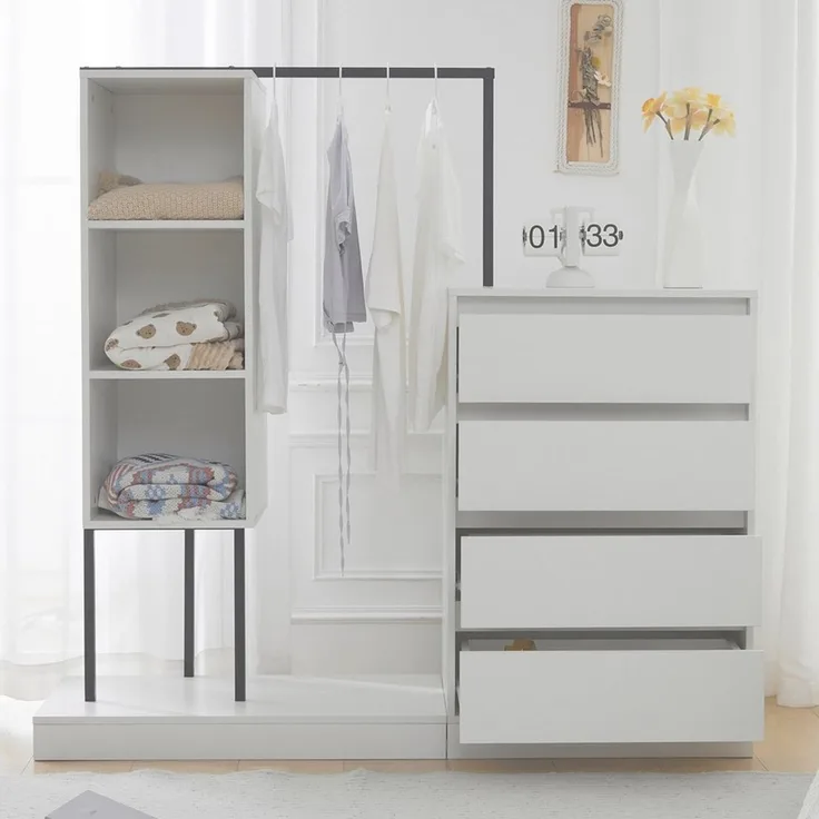 Flieks Garderoben-Set Kleiderschrank mit 3 offener Fächern, Kommode mit 4 Schubladen, (1-St, B140/W40/H135 cm), Schubladenschrank Kleiderstange-Set mit Stauraum Flurmöbel Weiß