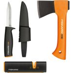 Fiskars Kaminofen-Set, Freizeitbeil X5-XXS, 23 cm, Xsharp Axt- und Messerschärfer, Keramik-Schleifkopf, Universalmesser K40, Inkl. Köcher, 22,5 cm, 1057913