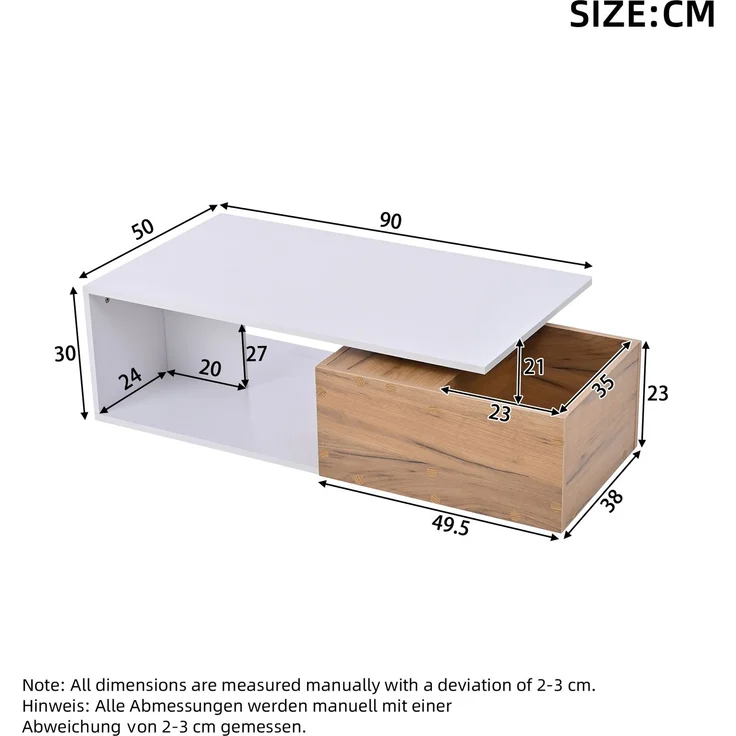 Couchtisch, MDF mit 1 Schublade & 360° Drehfunktion, 90x50x30 cm, Weiß + Holzfarbe – Bild 10