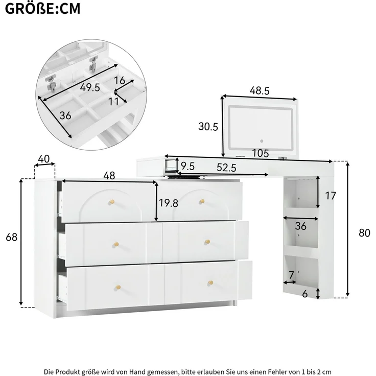 CHICFURN Schminktisch 105x80x40 cm mit LED-Beleuchtung und 7 Schubladen – drehbar Weiß – Bild 10