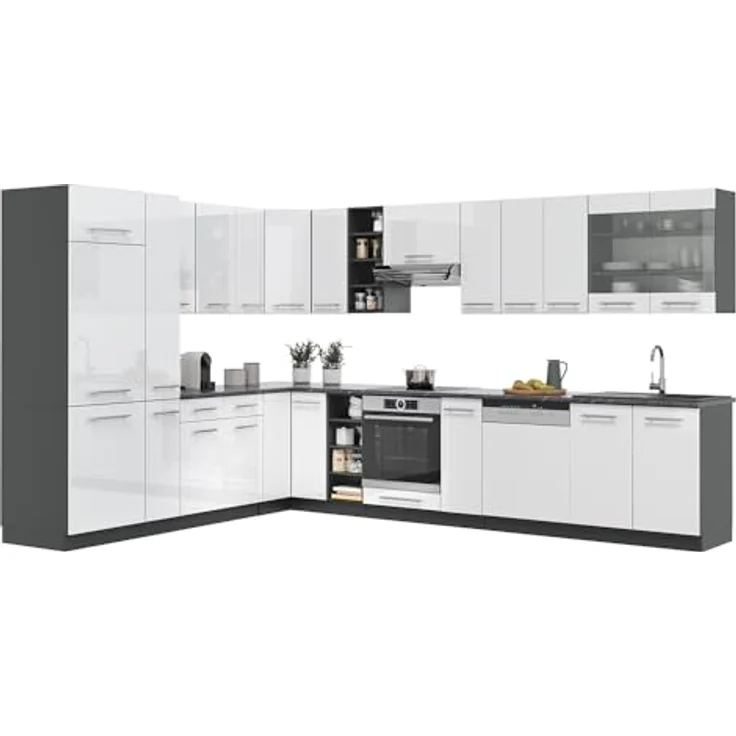 Eckküche Fame-Line Weiß Hochglanz/Anthrazit 347 x 46 cm ohne Arbeitsplatte Vicco – Bild 9