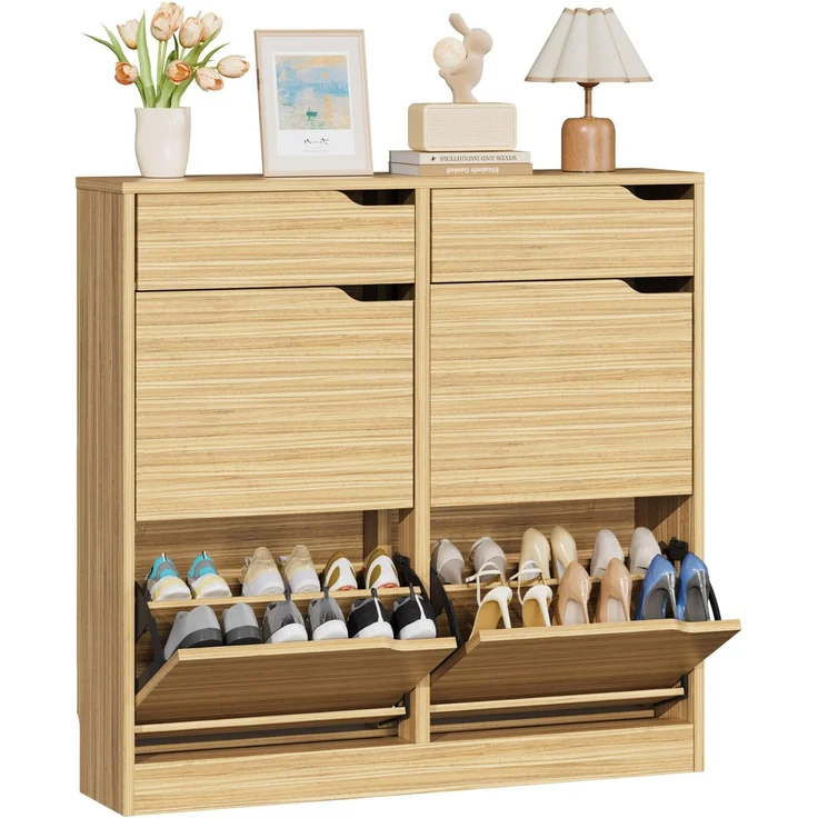 IRONCK Schuhschrank mit 4 Klappen, Schuhkipper Schmal mit 2 Schubladen, freistehendes Schuhregal, Schuhkommode mit verstellbaren Trennwände, Schuhablage Schrank für Flur Eingang und Wohnzimmer (Holz)