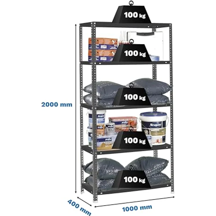 Simon Rack Metallregal, 5 verstellbare Regalböden, 100 kg Biegepunkt, 2000 x 1000 x 400 mm, mit Schrauben, Lagerregal, Anthrazit - Comfort – Bild 4
