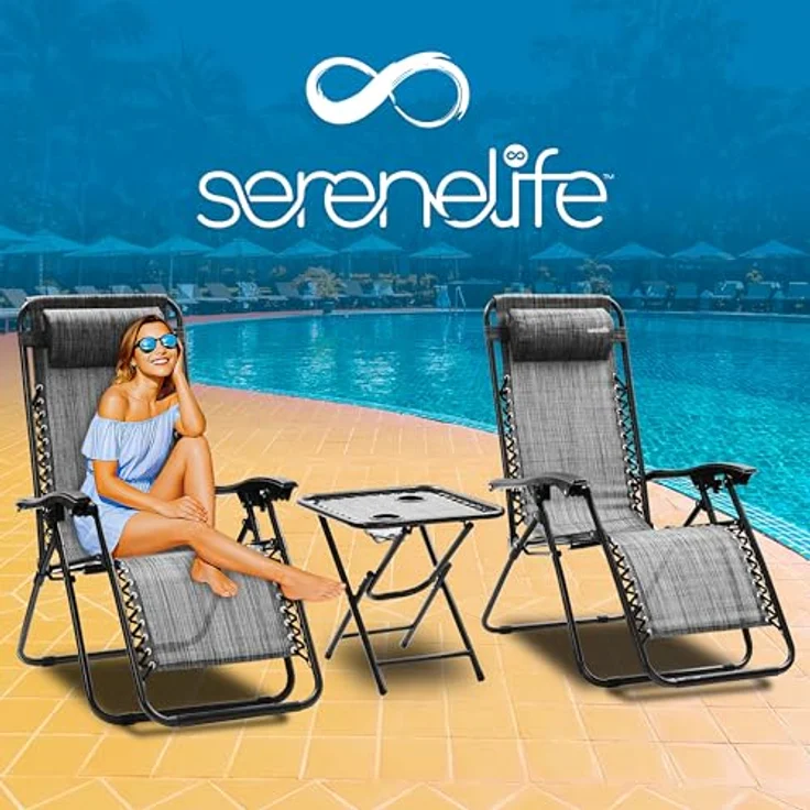 SereneLife 2er- Sonnenliege, Gartenliege, Liegestuhl- Klappbar, Relaxliege Verstellbar mit Seitentisch, Kopfkissen & Getränkehalter, Klappliege Wetterfest, bis 120KG, Ideal für Balkon, Strand & Pool – Bild 3