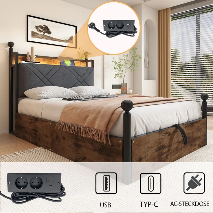 Bett 90x190 cm, Smart-Himmelbett mit hydraulischem Bettkasten, Metalll-Holz-Mix, integrierte LED & USB/Type-C,Schwarz – Bild 7