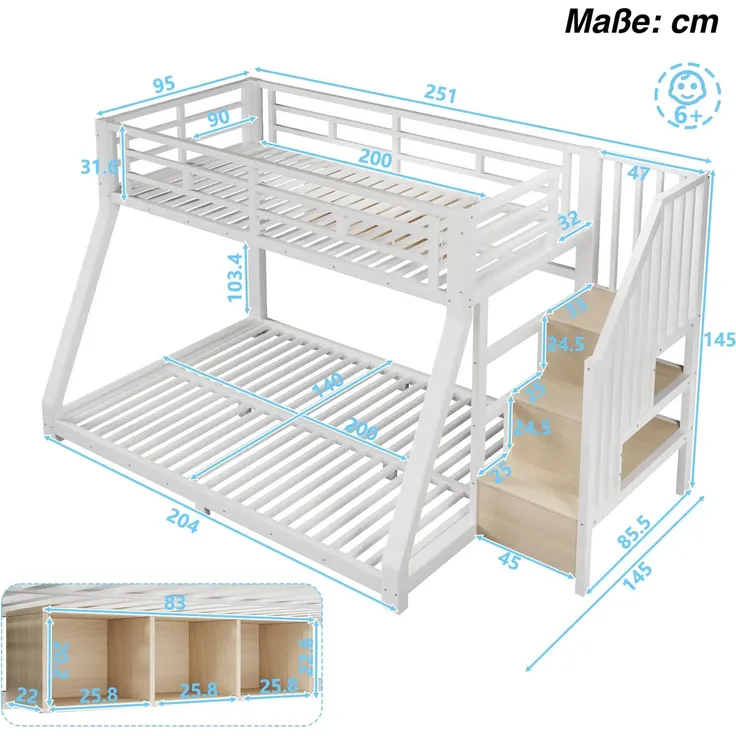 Etagenbett mit 2 Schlafgelegenheiten, Lattenrosten, Regal, Rausfallschutz und LED-Streifen, Treppe mit Regal, 90/140x200 cm, Kinderbett, Metallbett – Bild 6