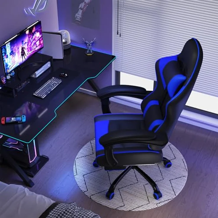 JUMMICO Gaming Stuhl mit massagefunktion, ergonomischer Gaming Stuhl,EIN Gamingstuhl mit Lendenkissen, Fußstütze und Kopfstütze,PC - Stuhl, Tragfähigkeit 150 kg - Blau – Bild 3