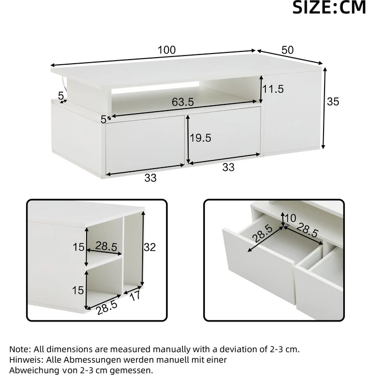 Couchtisch mit LED, 2 Schubladen & 3 seitlichen Fächern, 60 kg Tragkraft, 100x50x35 cm, Weiß – Bild 10