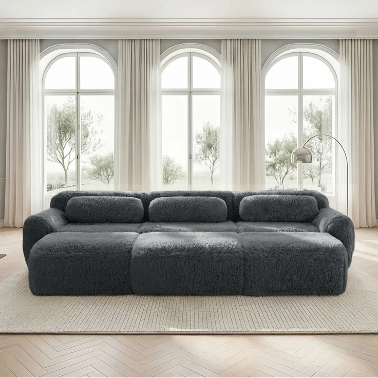 DESVIAE Sofa modular und rahmenlos aus Plüsch, Grau, 291 x 179 x 73 cm – Bild 2