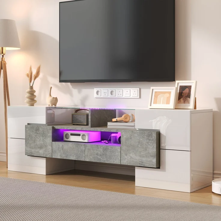 TV-Schrank 145 cm Hochglanzweiß und Beton mit LED-Beleuchtung, 6 Türen, 2 Schubladen, 3 offene Fächer – Bild 4