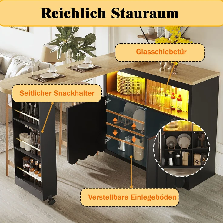 Merax Ausziehbarer Bartisch mit Stauraum(135-205×39×100cm) , Moderner Beweglicher Bar Table, Teleskopischer Bartisch mit LED, Stehtisch Bistrotisch, Schwarz – Bild 5