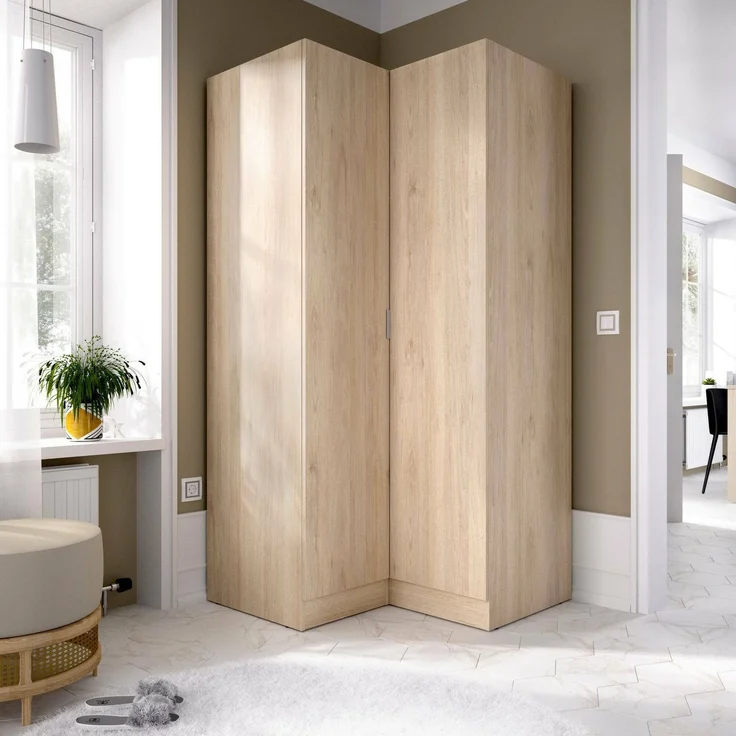 Dmora Kleiderschrank 2 Türen Aser, Eckschrank für Schlafzimmer, Eckschrank, 91x93h184 cm, 91x93h184 cm, Eiche – Bild 2