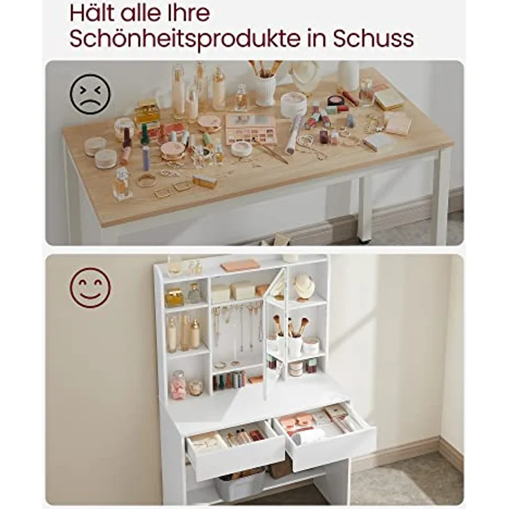 VASAGLE Schminktisch mit Beleuchtung, einstellbare Helligkeit, Hocker, Frisiertisch mit Spiegel, Kosmetiktisch mit verstellbaren Ablagen, 2 Schubladen, modern, wolkenweiß und pastellrosa – Bild 6