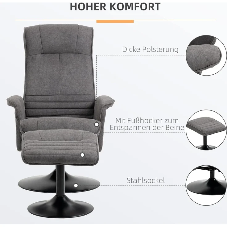 HOMCOM Relaxsessel Relaxstuhl mit Fußhocker, verstellbare Rückenlehne (Liegesessel, 2-St, Fernsehsessel), für Wohnzimmer, Schlafzimmer, Samt, Dunkelgrau – Bild 6