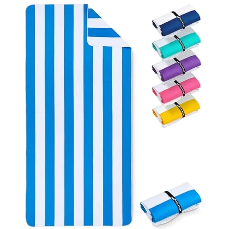 Fit-Flip Strandtuch XXL Mikrofaser - leicht, schnelltrocknend, 100% recyceltes Handtuch (Himmelblau-Weiß gestreift, 160x90cm)