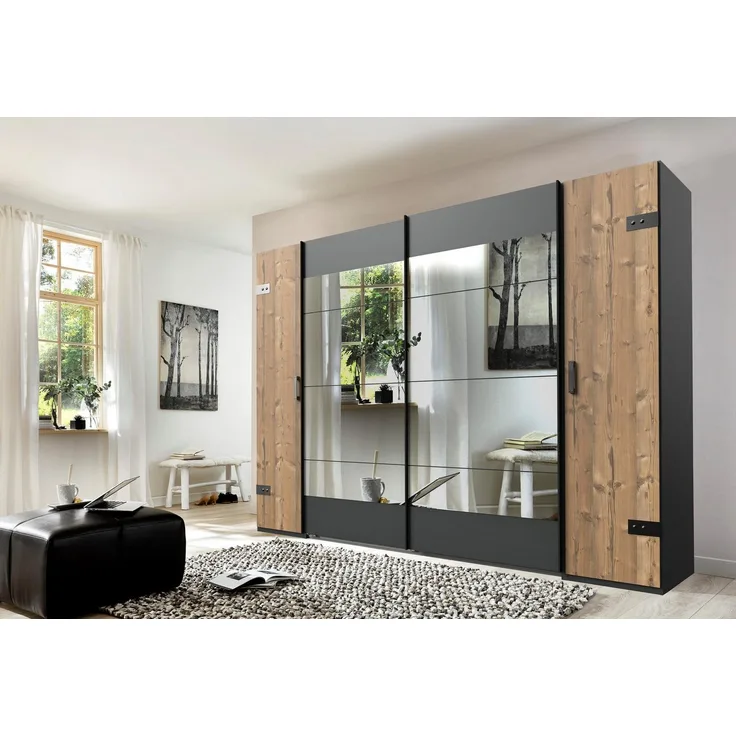 Schwebetürenschrank STOCKHOLM silver fir graphit Spiegel