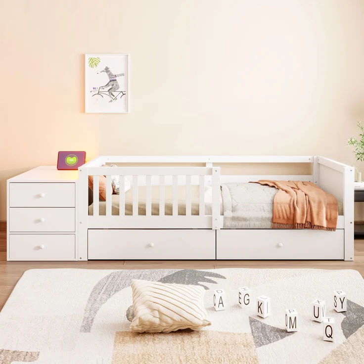 EINHOM Kinderbett 90 x 200 cm mit Separatem Stauraum, Schreibtischfunktion, Steckdose, LED-Beleuchtung, Doppelschubladen, Regalen und Halboffenem Sicherheitsgitter, Weiß (Ohne Matratze) – Bild 4