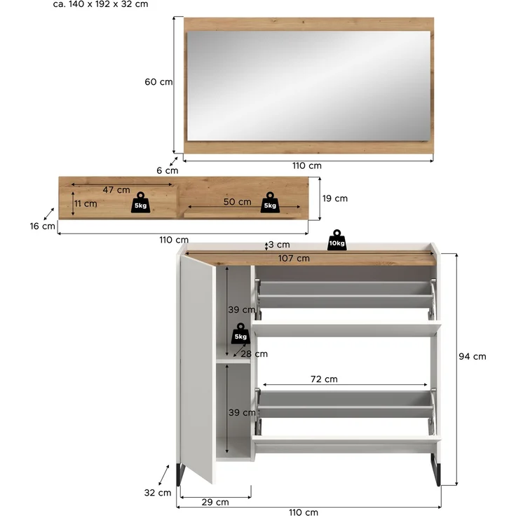 Garderobenkombination B/H/T: 192x140x32 cm in weiß Nachbildung und Artisan Oak Nachbildung – Bild 4