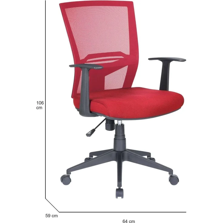 Dmora - Stuhl mit Rädern Palmerston, Mesh-Chefsessel mit Armlehnen, ergonomischer Bürositz, 59x64h96/106 cm, Rot – Bild 3