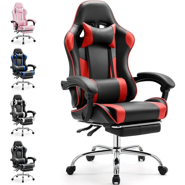 DUMOS Gaming-Stuhl Ergonomischer Bürostuhl mit Fußstütze, PU-Leder E-Sportstuhl, Gepolstert mit verstellbare Lendenkissen, Kopfkissen und Armlehnen