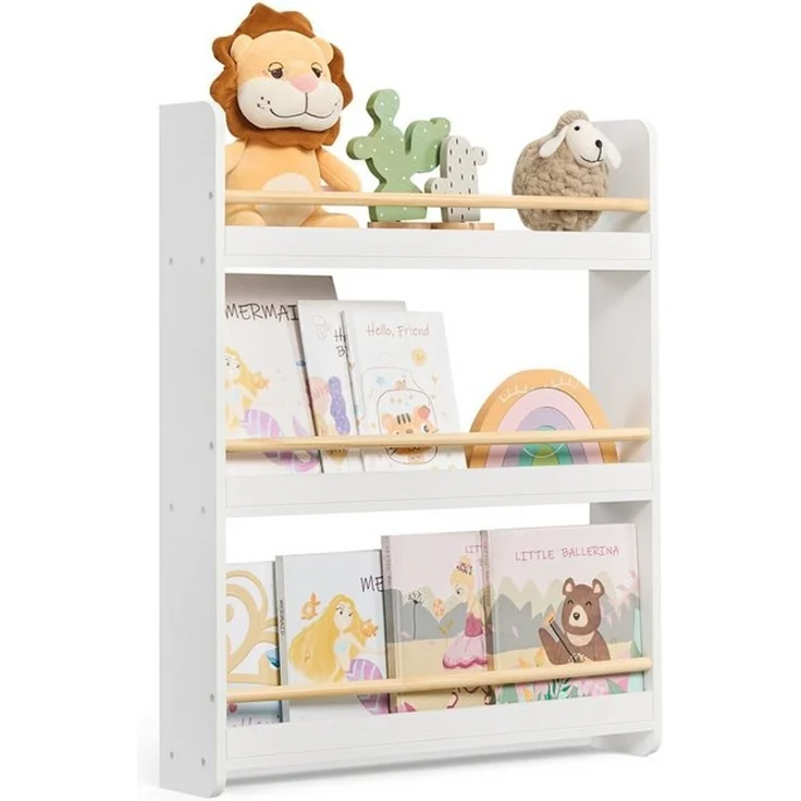 SONGMICS Bücherregal Kinder, Kinderregal mit 3 Ebenen, Spielzeugregal, Wandregal, für Kinderzimmer, Spielzimmer, weiß-naturfarben – Bild 4