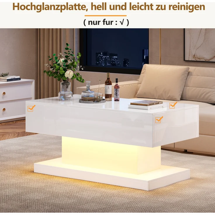 Couchtisch, mit hydraulischem Lift, schiebbarer Platte & LED-Beleuchtung, 100x50x45 cm, Weiß – Bild 6