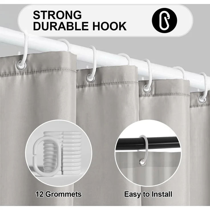 Duschvorhang 180x180 cm Wasserdicht Stoff Waschbar Beige PEVA 12 Ringe – Bild 3