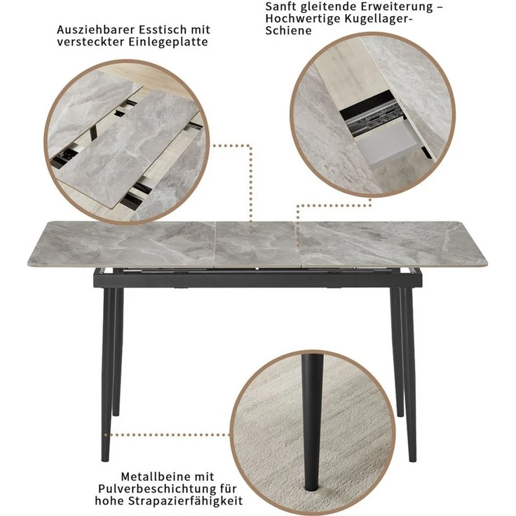 OTTO home Essgruppe Stevian, (Set, 5-tlg, Ausziehbarer Esstisch + 4 Stühle), Holz, Strukturstoffbezug, Freischwingerstühle, gesteppten Bänken – Bild 2