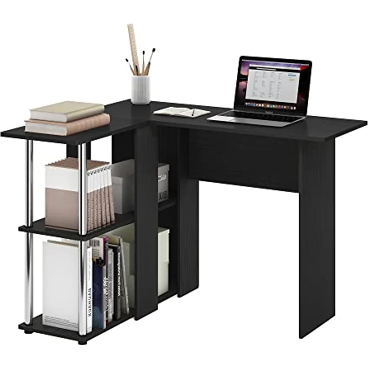 Furinno Abbott L-förmiger Schreibtisch mit Bücherregal, Americano, Edelstahlrohre – Bild 2