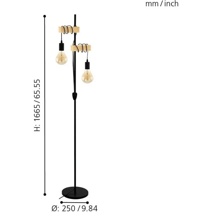 EGLO Stehlampe Townshend, 2-flammige Vintage Stehleuchte, Lampe mit Holzbalken, Retro Standleuchte aus Metall in Schwarz und Holz in Natur, FSC zertifiziert, E27 Fassung – Bild 3