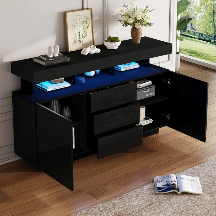 DESVIAE Sideboard mit LED-Beleuchtung und 3 Schubladen 140x80x35 cm Spanplatte/Acryl Schwarz – Bild 1
