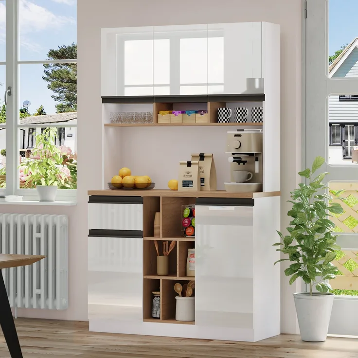 EINHOM 105 x 45 x 185 cm, Weißer moderner Küchenschrank, Buffet, Sideboard, Hochglanztüren, Metallgriffe, Verstellbare Regale, Schubladen, Offener Stauraum, Kippschutz, Geeignet für Küche, Esszimmer und Wohnzimmer
