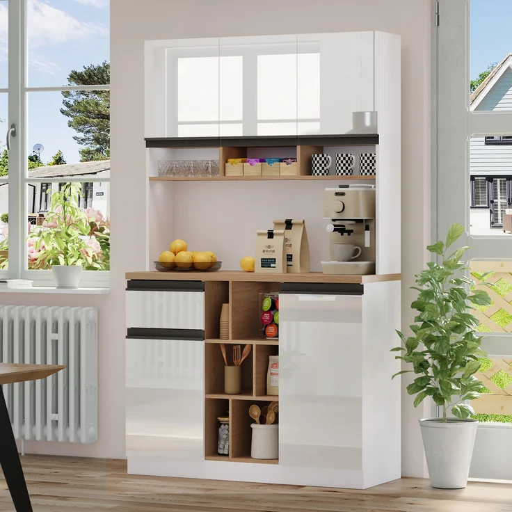 EINHOM 105 x 45 x 185 cm, Weißer moderner Küchenschrank, Buffet, Sideboard, Hochglanztüren, Metallgriffe, Verstellbare Regale, Schubladen, Offener Stauraum, Kippschutz, Geeignet für Küche, Esszimmer und Wohnzimmer – Bild 1