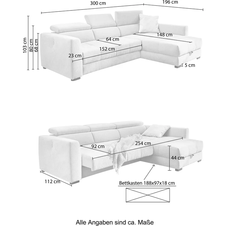 Ecksofa elektrisch ausfahrbar verstellbar Couch Kopflehne Bettkasten Dunkelgrau – Bild 8