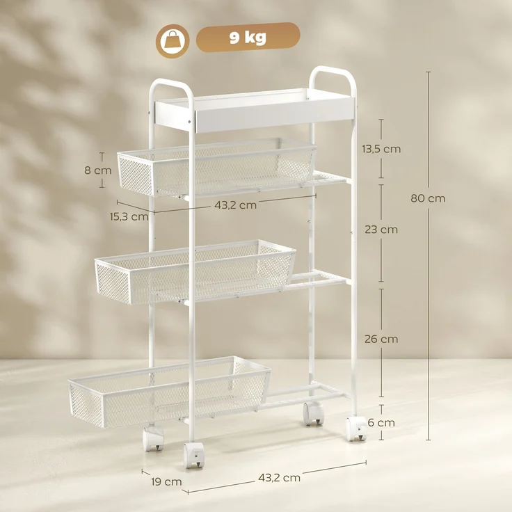MELAYR, Küchenwagen aus Metall, 3 Körbe, schmales Design, 4 Räder, für Küche, Wohnzimmer, 43.2 x 19 x 80 cm, Weiß – Bild 5