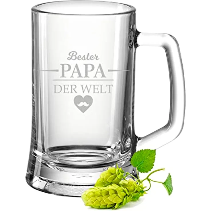 GRAVURZEILE Bierkrug mit Gravur - Bester Papa der Welt - Geschenk für Männer, Glas, ideal als Vatertagsgeschenk - 0,5l Bierglas als Geburtstagsgeschenk
