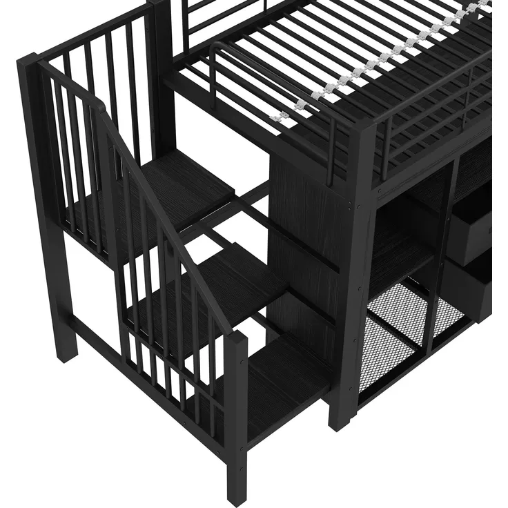 Hochbett mit Kleiderschrank, LED-Streifen, Lattenrost, Treppe und Rausfallschutz, 90x200cm, Kinderbett, Metallbett – Bild 9