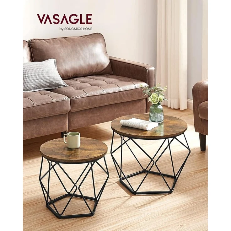 Vasagle Couchtisch rund, 2er Set mit abnehmbarer Tischplatte, vintagebraun-tintenschwarz, 60 x 60 x 45 cm – Bild 2