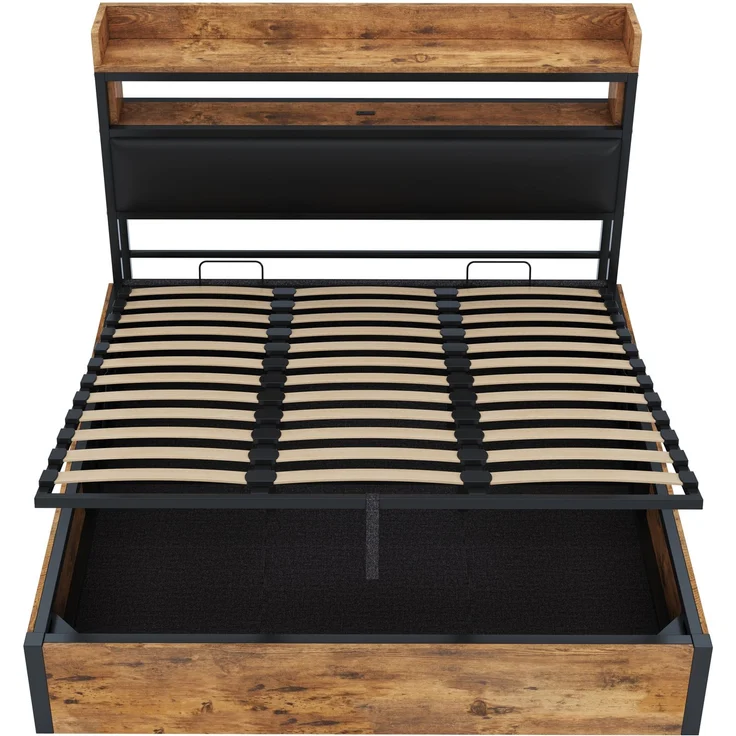 Bettrahmen 180 x 200 mit hydraulischer Hebevorrichtung, USB, gepolstertem Kopfteil, Vintage-Design aus Holz und Metall, verstecktem Stauraum Doppelbett Moderne Schlafzimmermöbel Schwarz – Bild 7