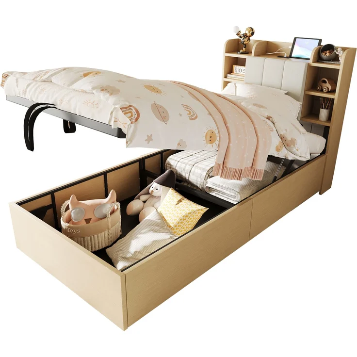 Holzbett 90 x 200 cm, Hydraulisches Bett, Kopfteil mit Stauraum, Ausgestattet mit USB- und Tape-C-Steckdose, Einzelbett, Jugendbett, Holzfarbe (ohne Matratze) – Bild 10