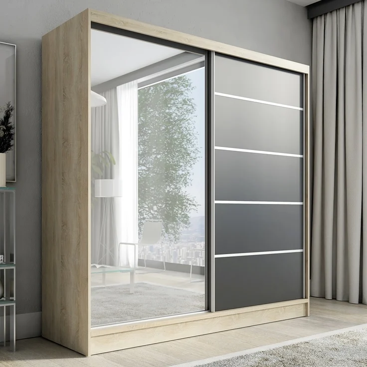 A&J MöbelLand Schwebetürenschrank NERO 200 cm mit Spiegel drei Schubladen – Bild 1