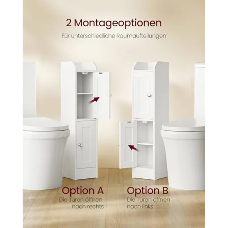 VASAGLE Siren Kollektion - Badezimmerschrank schmal, Badschrank, Eckschrank, verstellbare Ablagen, Hochschrank Bad, Türen nach Links oder rechts öffnend, Landhausstil, wolkenweiß BBK312WB02 – Bild 5