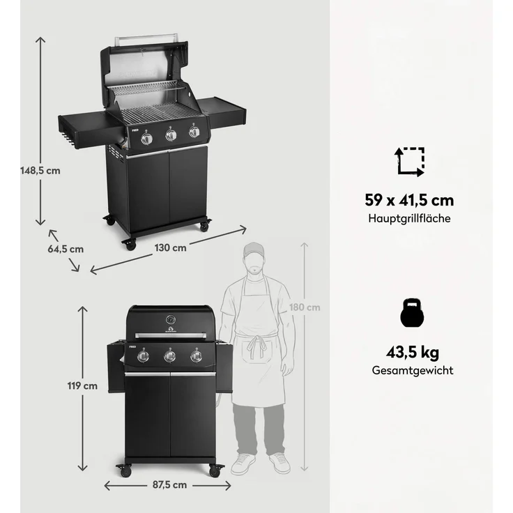 BURNHARD® Gasgrill 3-Brenner, 9,6 kW, Edelstahl-Stabbrenner, Piezo-Zündung, Edelstahlrost, große Grillfläche, Alu-Druckguss-Seitenteile – FRED Base - Schwarz - #947125 – Bild 3