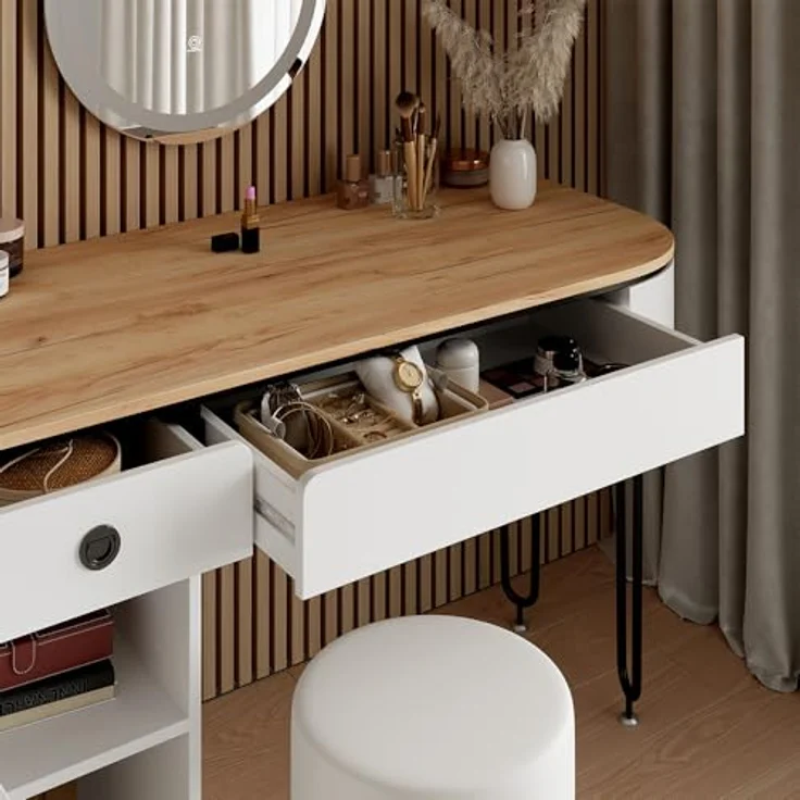 Vichy Schminktisch Mia, Weiss/Naturholz, 120 cm mit LED-Beleuchtung und grosszügigem Spiegel (55 x 55 x 77 cm) – Bild 1