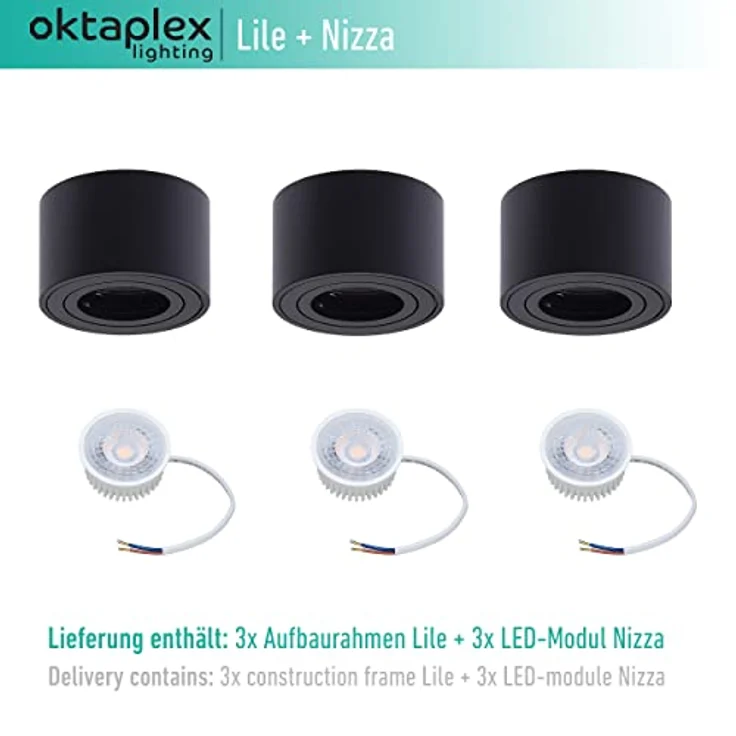 Oktaplex Lile Aufbaustrahler Schwarz, 3er Set LED Modul 3-stufig dimmbar 4,8W 3000K Warmweiß, Schwenkbar, Aufputz, Ø80mm x 50mm – Bild 2
