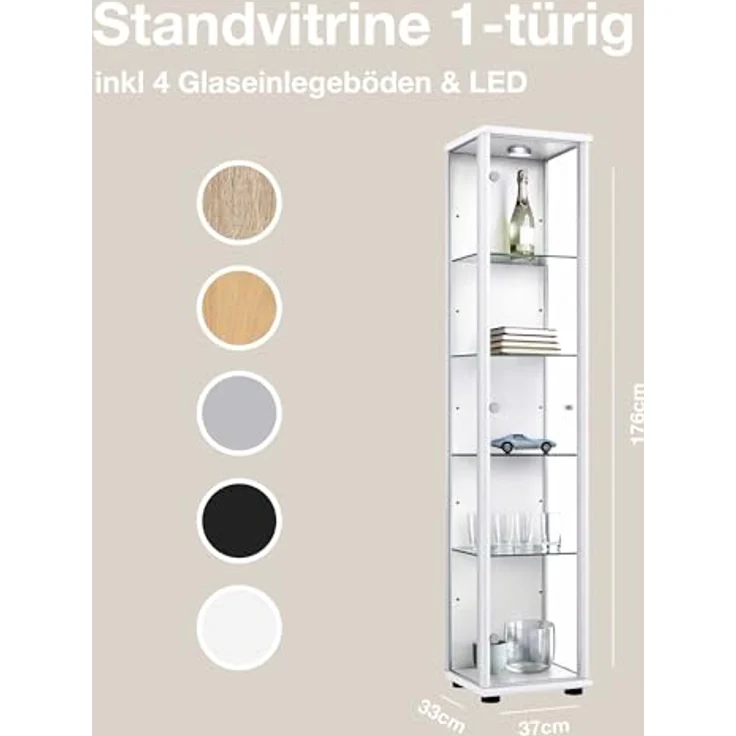 K-Möbel Glasvitrine, Rechteckig, Weiß, Glas, 4 Fächer, 37x176x33 cm, Vitrinenschrank für Wohnzimmer – Bild 2