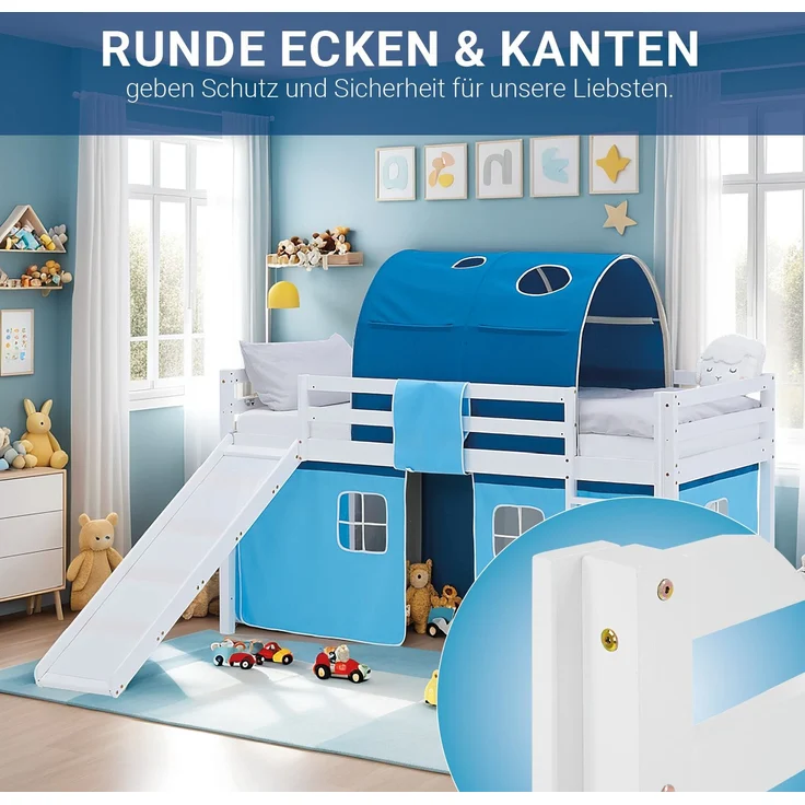 Hochbett Kinder 90x200 cm mit Rutsche Kinderbett Kinderhochbett Stockbett Vorhang Tunnel Blau Holz Massiv – Bild 7
