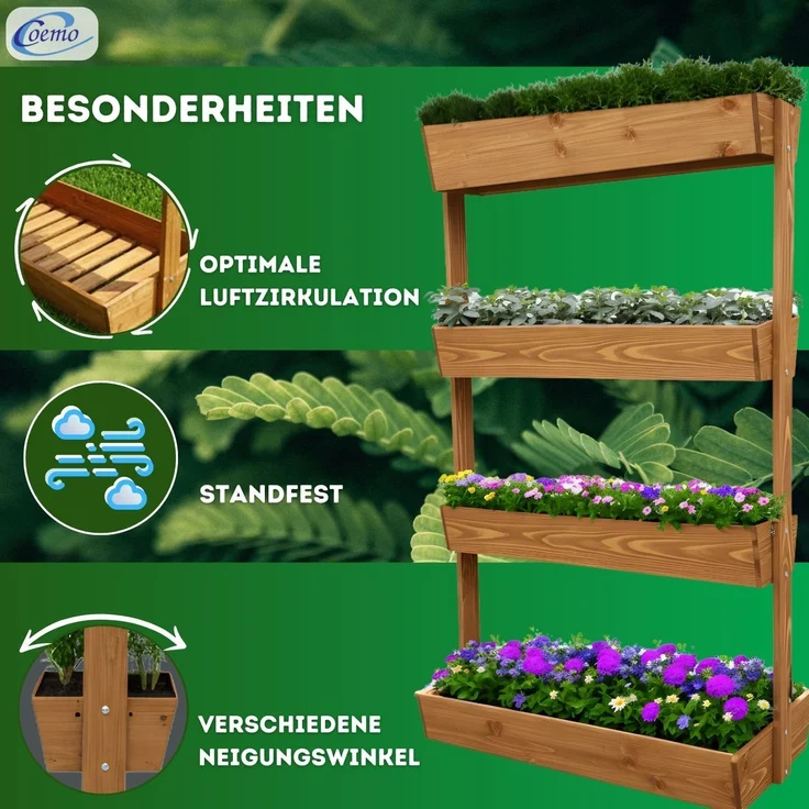 Coemo Vertikalbeet Vera Braun aus Holz Hochbeet 4 Etagen Kästen höhenverstellbar und neigbar – Bild 2